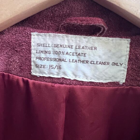 Vintage 100% Genuine Leather Suede Burgundy Red Women's Jacket Blazer Size 15/16 - Picture 9 of 12